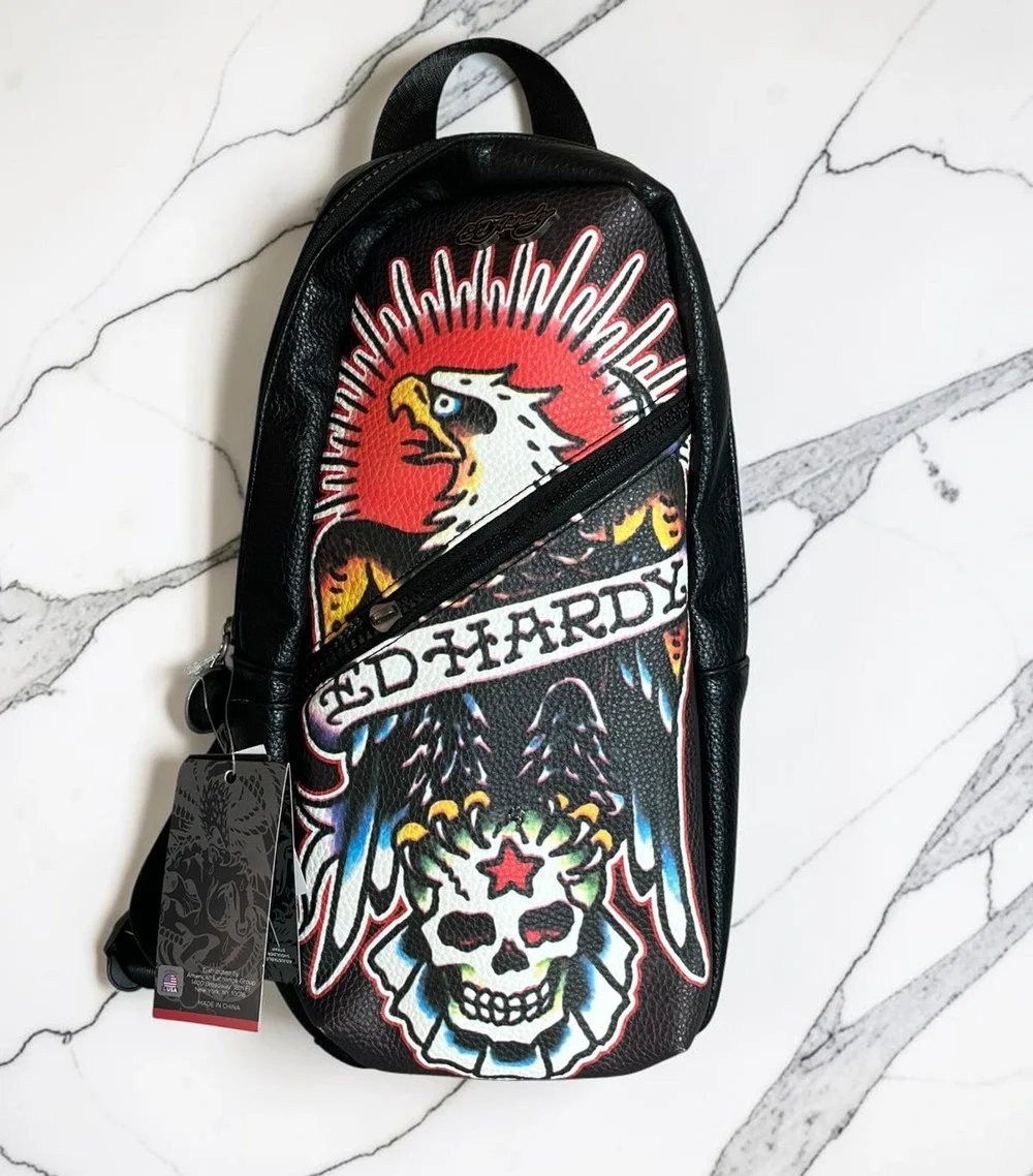 Ed Hardy Men’s Black Tattoo Eagle Skull Graphic Sling Crossbody Backpack Bag
